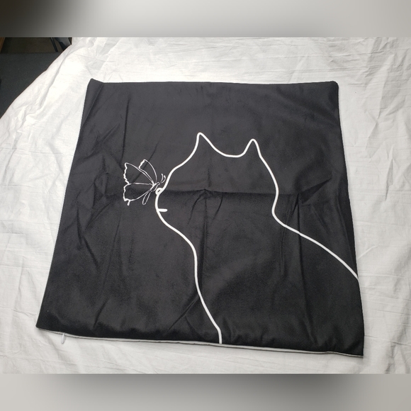Cat With Butterfly Black and White Throw Pillow Zippered Cover 17 x 17 Inches - Picture 1 of 3